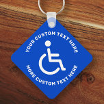 Teckenblått för handikappad symbol nyckelring<br><div class="desc">Kvadratisk handikappad nyckelkedja med vit inaktiverad symbol på blå bakgrund och vit,  cirkulär text.</div>