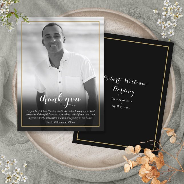 Teckenkort för Funeral Black and White Photo Meddelande Vykort (Funeral Black and White Photo Thank You Card)