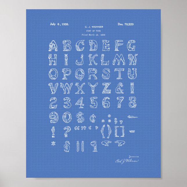 Teckensnitt 1926 Patent Art Blueprint Poster (Framsidan)