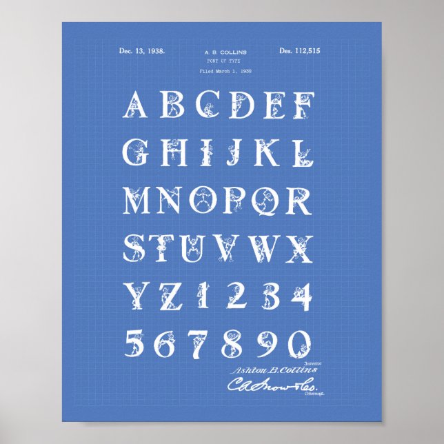 Teckensnitt 1938: Patent Art Blueprint Poster (Framsidan)