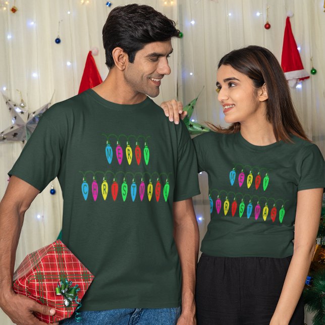 Teckensnitt för färglöst God jul Ljus Tee (Colorful Merry Christmas Lights Font T-Shirt)