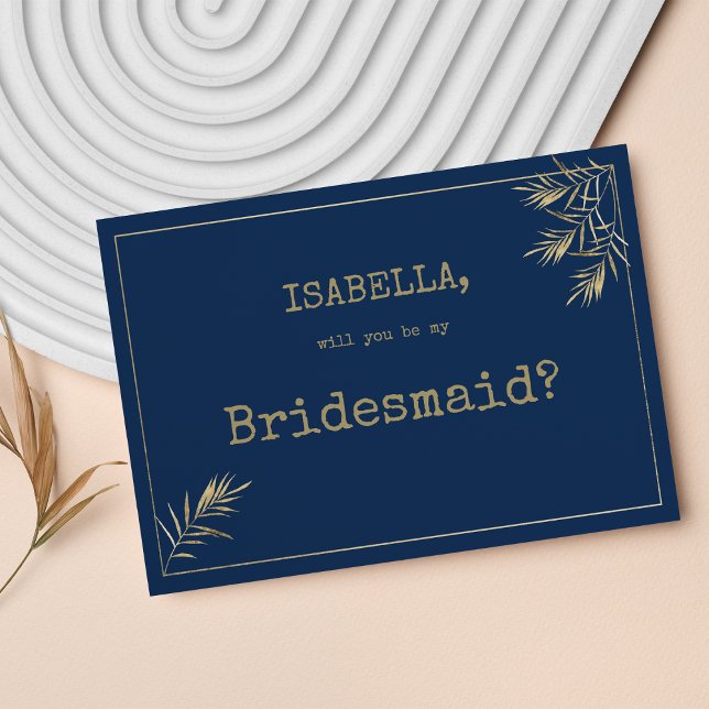 Teckensnitt för skrivmaskin guld löv inbjudningar (Navy blue gold leaf typewriter font Bridesmaid)