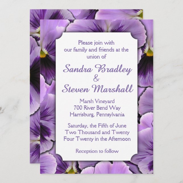 Teckensnitt gömt Lila Pansy-bröllopsinbjudan Inbjudningar (Fram/baksida)