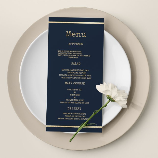 Teckensnittet rustic Bröllop Menu för guld, blå sk Program (Navy blue gold typewriter font rustic Wedding Menu )