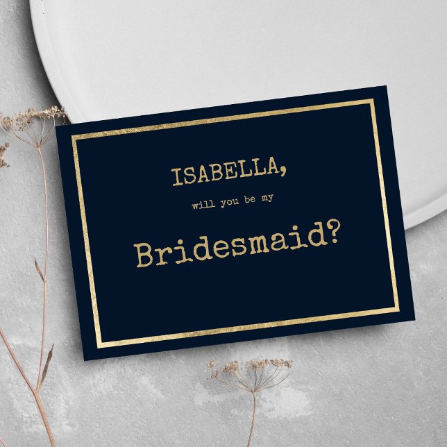 Teckensnittet rustik Bridesmaid, blått guld Inbjudningar (Navy blue gold typewriter font rustic Bridesmaid )