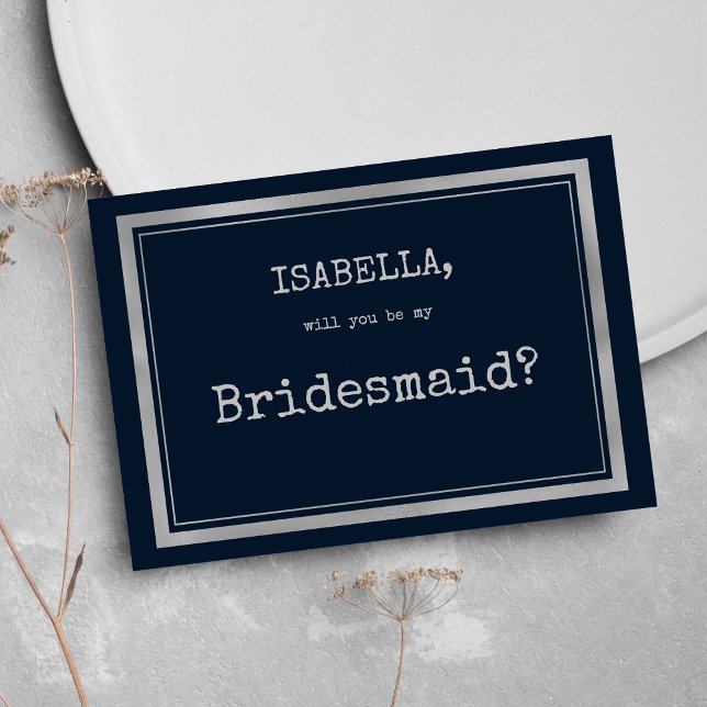 Teckensnittet rustik Bridesmaid, blått silver Inbjudningar (Navy blue silver typewriter font rustic Bridesmaid )