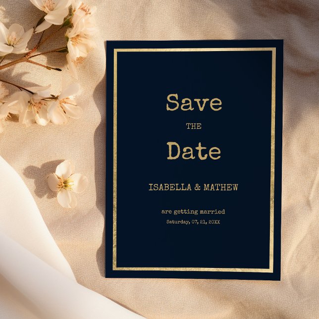Teckensnittet Spara datum för den blå guld-skrivsk Inbjudningar (Navy blue gold typewriter font Save the Date)