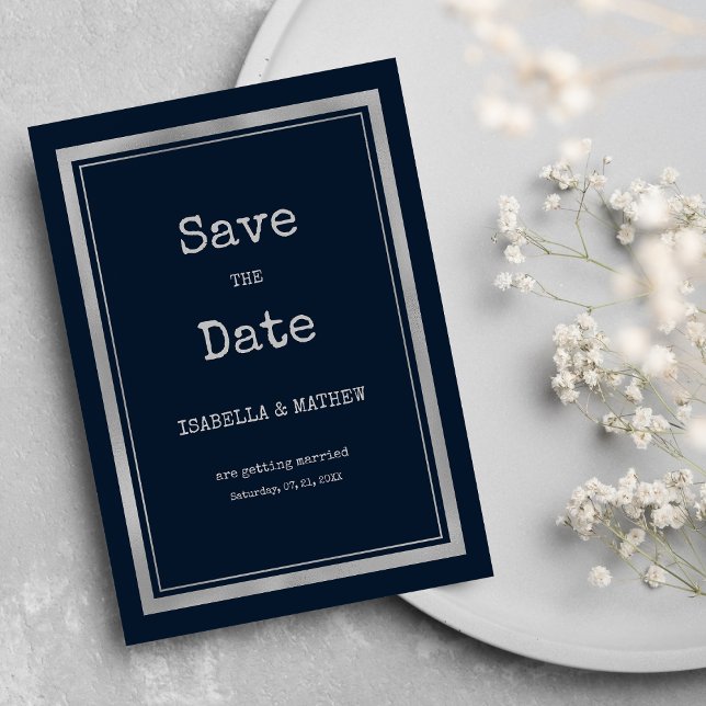 Teckensnittet Spara datum för den blå silver-skriv Inbjudningar (Navy blue silver typewriter font Save the Date)