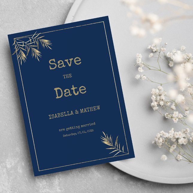 Teckensnittet Spara datum för skrivmaskin för mari Inbjudningar (Navy blue gold leaf typewriter font Save the Date)