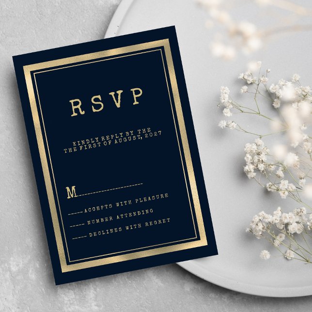 Teckensnittsrustik OSA för marint blå guld-skrivsk Inbjudningar (Navy blue gold typewriter font rustic RSVP)