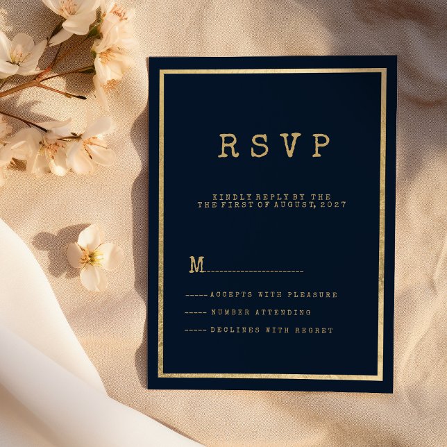 Teckensnittsrustik OSA för marint blå guld-skrivsk Inbjudningar (Navy blue gold typewriter font rustic RSVP )