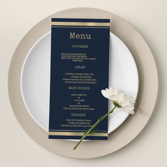 Teckenteckensnitt Bröllop Meny för marin blå guld (Navy blue gold typewriter font Wedding Menu)
