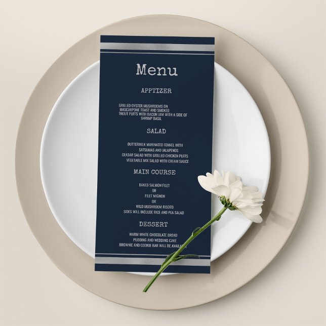 Teckenteckensnitt Bröllop Meny för marin blå silve (Navy blue silver typewriter font Wedding Menu)