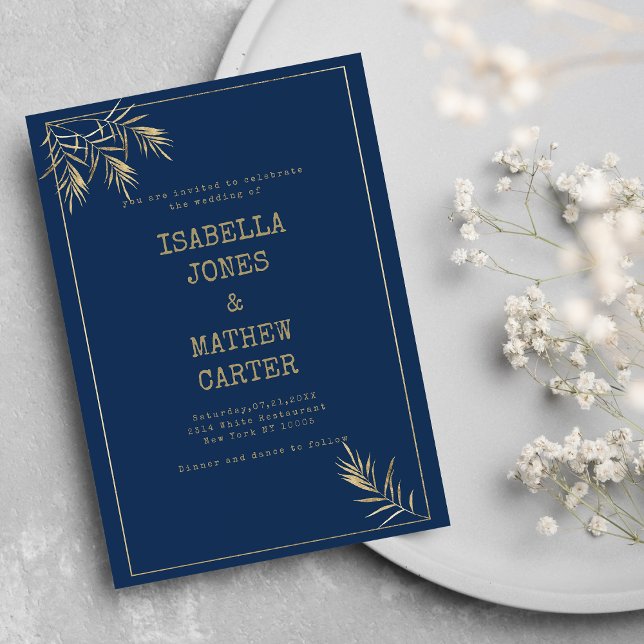 Teckentema bröllop i guld i marblått löv inbjudningar (Navy blue gold leaf typewriter font theme Wedding)