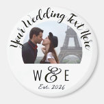 Teckentextteckenförskjutning Teckenbröllop-favorit Magnet<br><div class="desc">Anpassningsbar tryckt, personlig CALLIGRAPHY SCRIPT-typsnittsmall ROUND Photo Fridge Magnet bröllopsfavoriter. Personlig av mall på framsidan av fotokylskåpsmagnet, finns i 3 storlekar: 1, 25 tum, 2, 25 tum och 3 tum diameter. ÖVRE TEXT - bröllop påstående. Byt ut BILD mot ett par i bröllop, förlovning, bröllop. LÄGRE TEXT - Monogrammallen för...</div>
