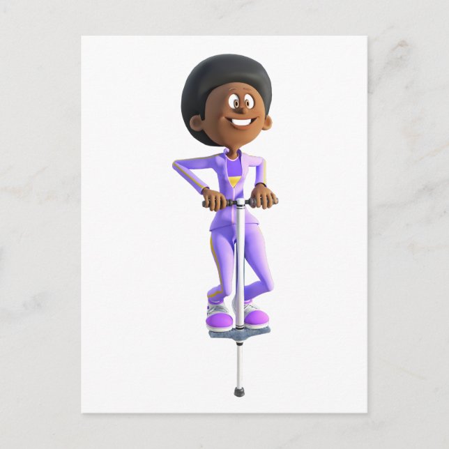 Tecknad African American Girl rider Pogo Stick Vykort (Framsida)