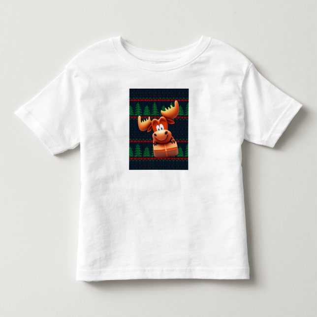 Tecknad älg med julpresent för barn, t-shirt (Framsida)