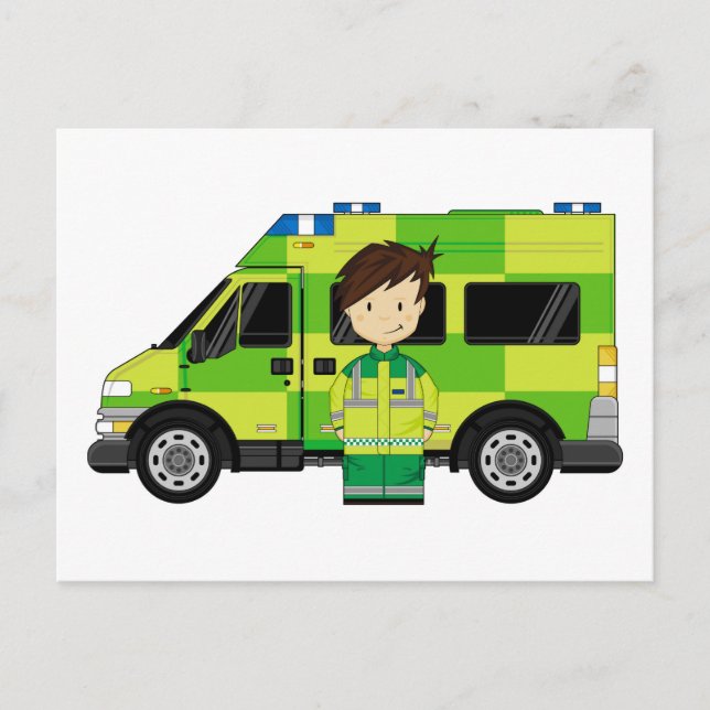 Tecknad ambulans och ambulanssjukvårdare vykort (Framsida)