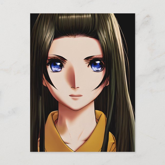 Tecknad animeflicka med blåa ögon och brunt hår vykort (Framsida)