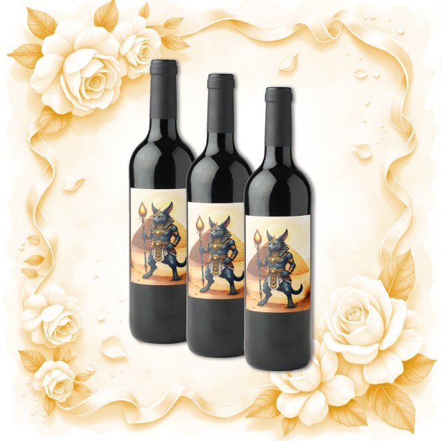 Tecknad Anubis - Egyptisk gud för efterlivet Vinflaska Etikett (Skapare uppladdad)