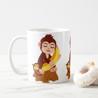 Tecknad apa som håller banan kaffemugg