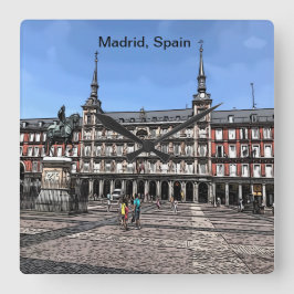 Tecknad Art av en plaza i Madrid, Spanien Fyrkantig Klocka