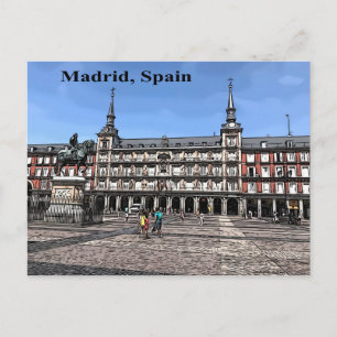 Tecknad Art of a plaza in Madrid, Spanien Vykort