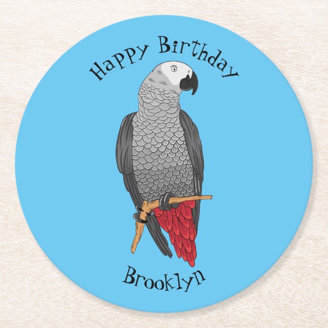 Tecknad av afrikansk grått-papegoja underlägg papper rund (Framsidan)