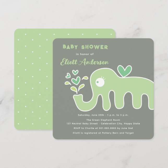 Tecknad av akut Grönt Elephant Whimsical Baby Show Inbjudningar (Fram/baksida)