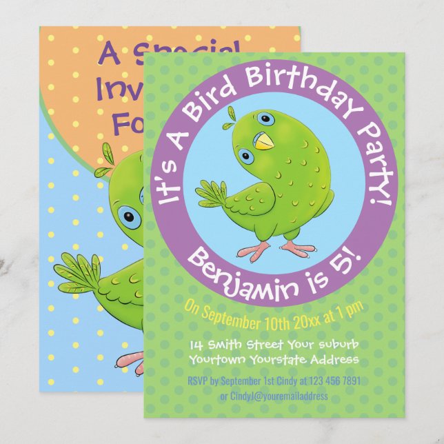 Tecknad av akut parakit för grönt 5 år i inbjudningar (Fram/baksida)