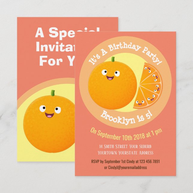 Tecknad av citrusfrukt i orange,  inbjudningar (Fram/baksida)
