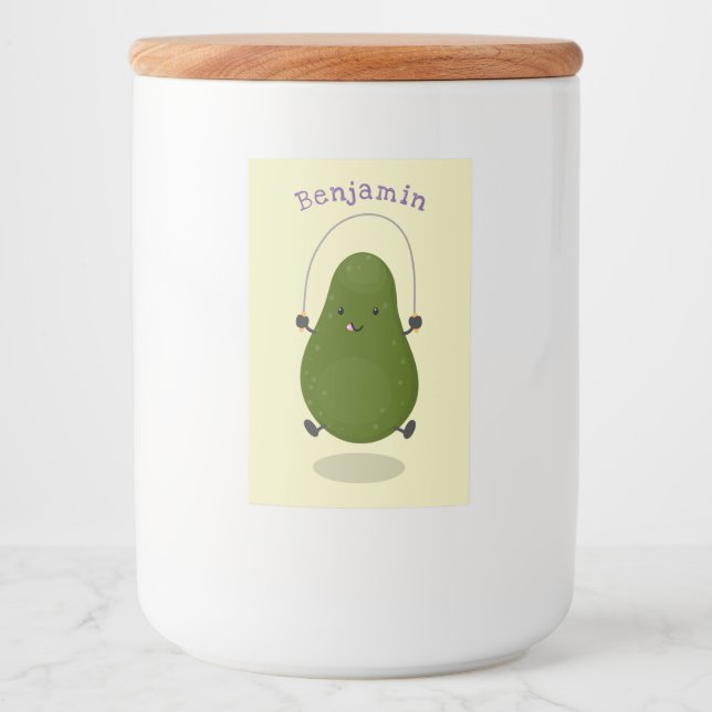 Tecknad av Cute avocado hopprepet Mat Etikett (Framsida)