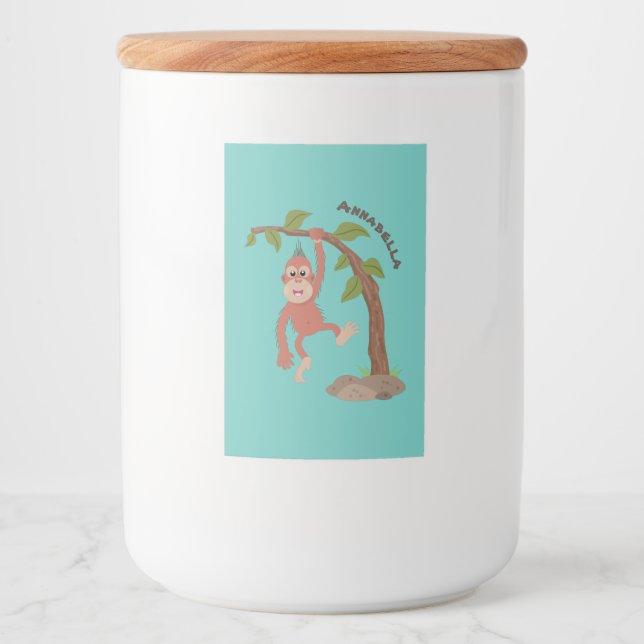Tecknad av  Cute lycklig baby orangutan Mat Etikett (Framsida)