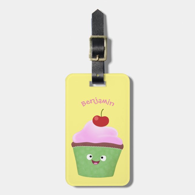 Tecknad av cute lycklig cupkaka bagagebricka (Vertikal Framsida)