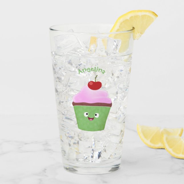 Tecknad av cute lycklig cupkaka glaskopp (Bakside Is)