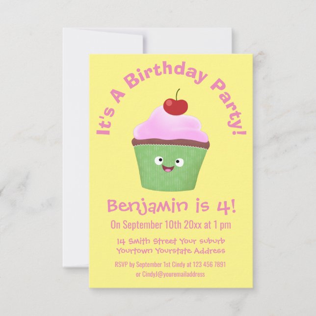 Tecknad av cute lycklig cupkaka inbjudningar (Framsida)