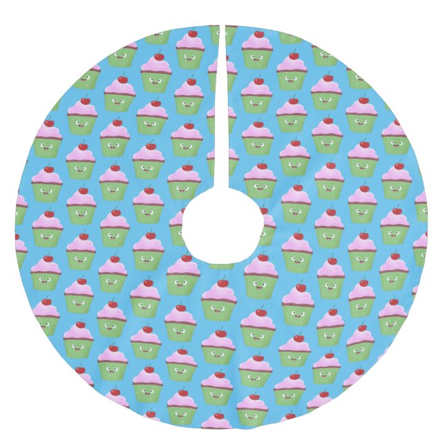Tecknad av cute lycklig cupkaka julgransmatta borstad polyester (Framsidan)