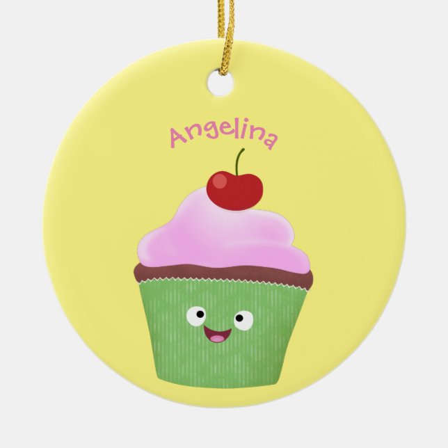 Tecknad av cute lycklig cupkaka julgransprydnad keramik (Framsidan)