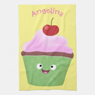 Tecknad av cute lycklig cupkaka kökshandduk