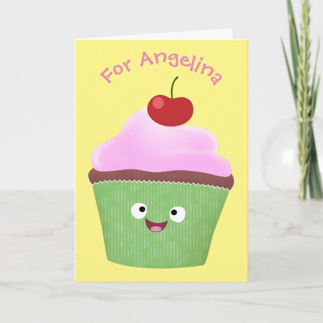 Tecknad av cute lycklig cupkaka kort (Framsida)