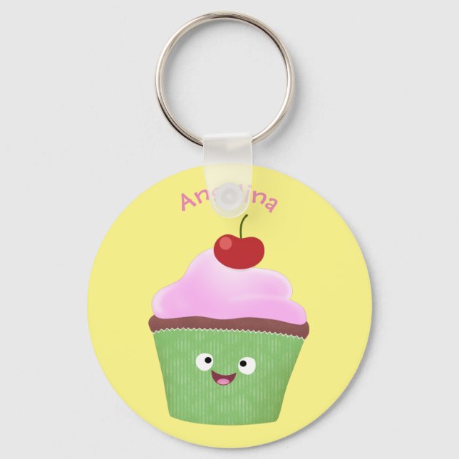 Tecknad av cute lycklig cupkaka nyckelring (Framsida)