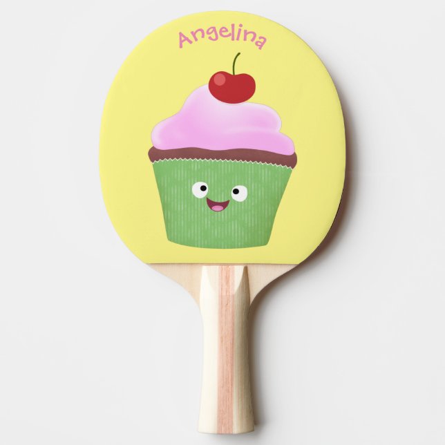 Tecknad av cute lycklig cupkaka pingisracket (Framsidan)