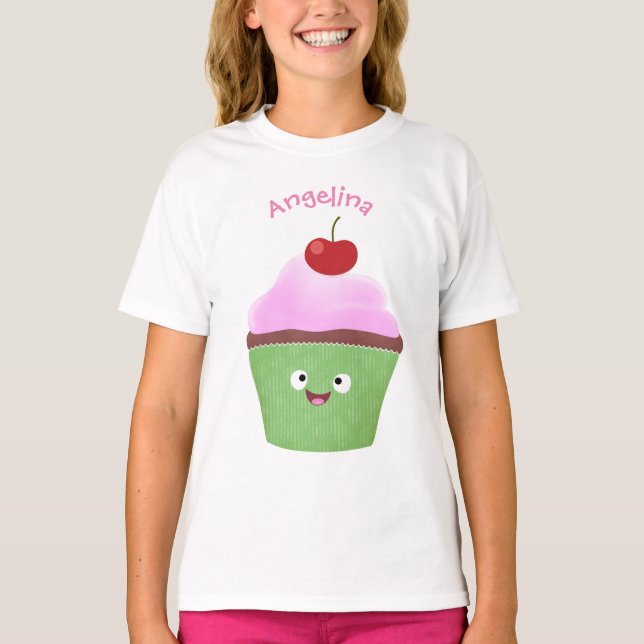 Tecknad av cute lycklig cupkaka t shirt (Framsida)