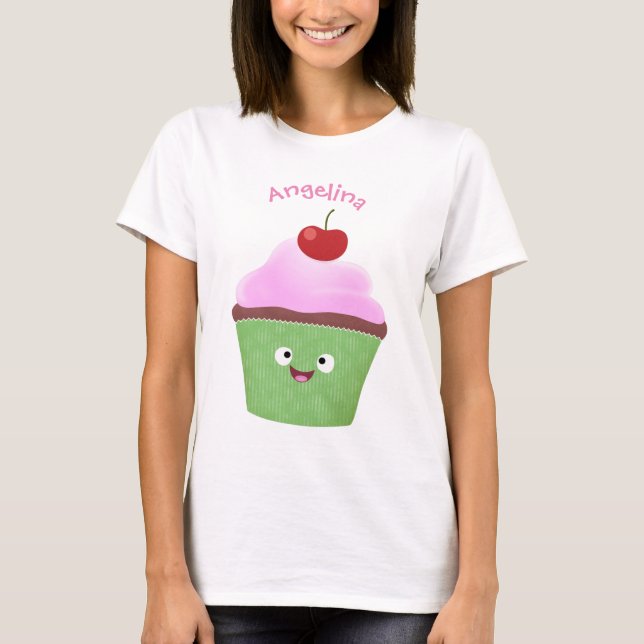 Tecknad av cute lycklig cupkaka t shirt (Framsida)