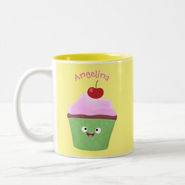 Tecknad av cute lycklig cupkaka Två-Tonad mugg (Vänster)