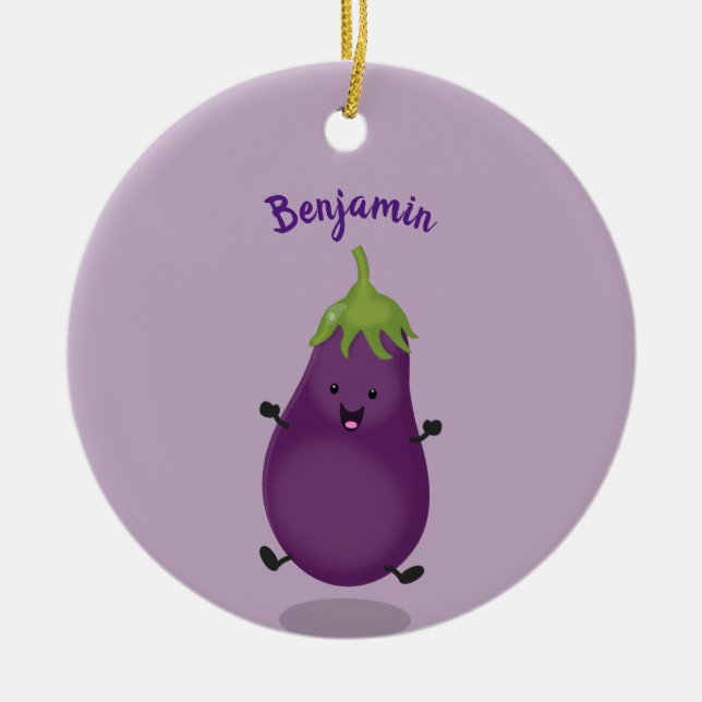 Tecknad av Cute lycklig eggplant eggplant Julgransprydnad Keramik (Framsidan)