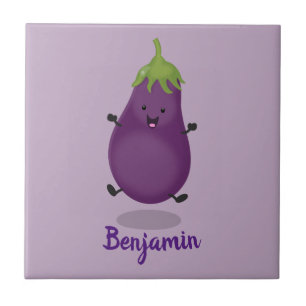 Tecknad av Cute lycklig eggplant eggplant Kakelplatta