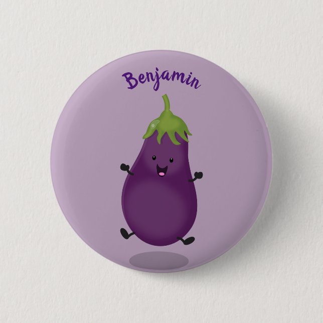 Tecknad av Cute lycklig eggplant eggplant Knapp (Framsida)