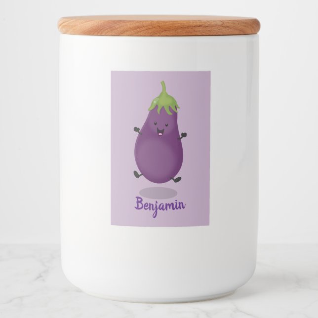 Tecknad av Cute lycklig eggplant eggplant Mat Etikett (Framsida)