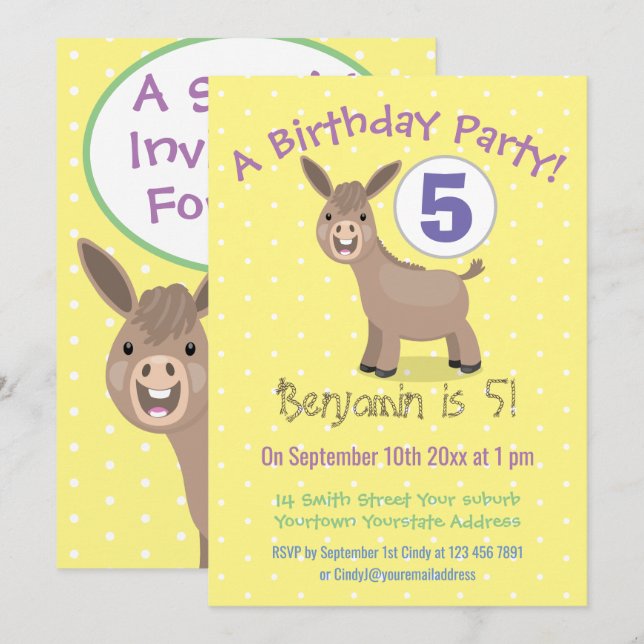 Tecknad av Cute lycklig mini-donkey Inbjudningar (Fram/baksida)